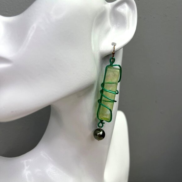 Acrylic Dangle Earrings Green Iridescent Wire Wrapped Bead Hook Chunky - Picture 5 of 5